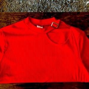 Women’s red short sleeved shirt with choker neck